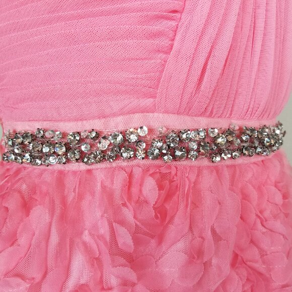 Gorgeous Ruffled Floral Coral Pink Formal Maxi Length Dress with Rhinestone Belt - Picture 10 of 12